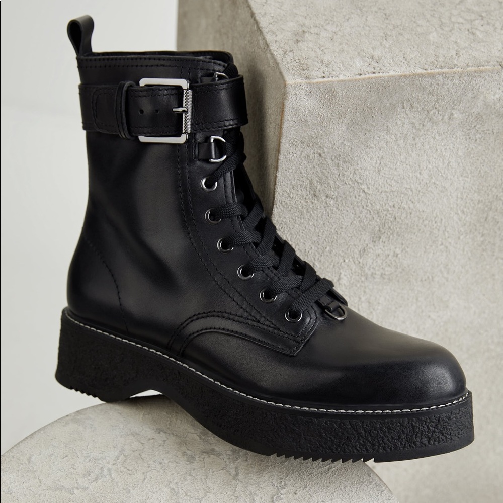 Zara Low Heeled Leather Combat Biker Military Ank… - image 4